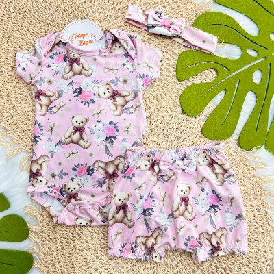 Conj. Body, Faixinha de Cabelo e Shorts Ursinhos em Malha Térmica - Rosa